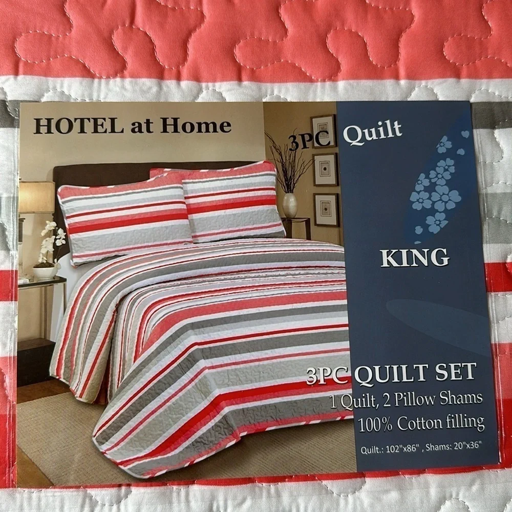 Hotel at home King 3pc Quilt set Shades of Orange Stripes
